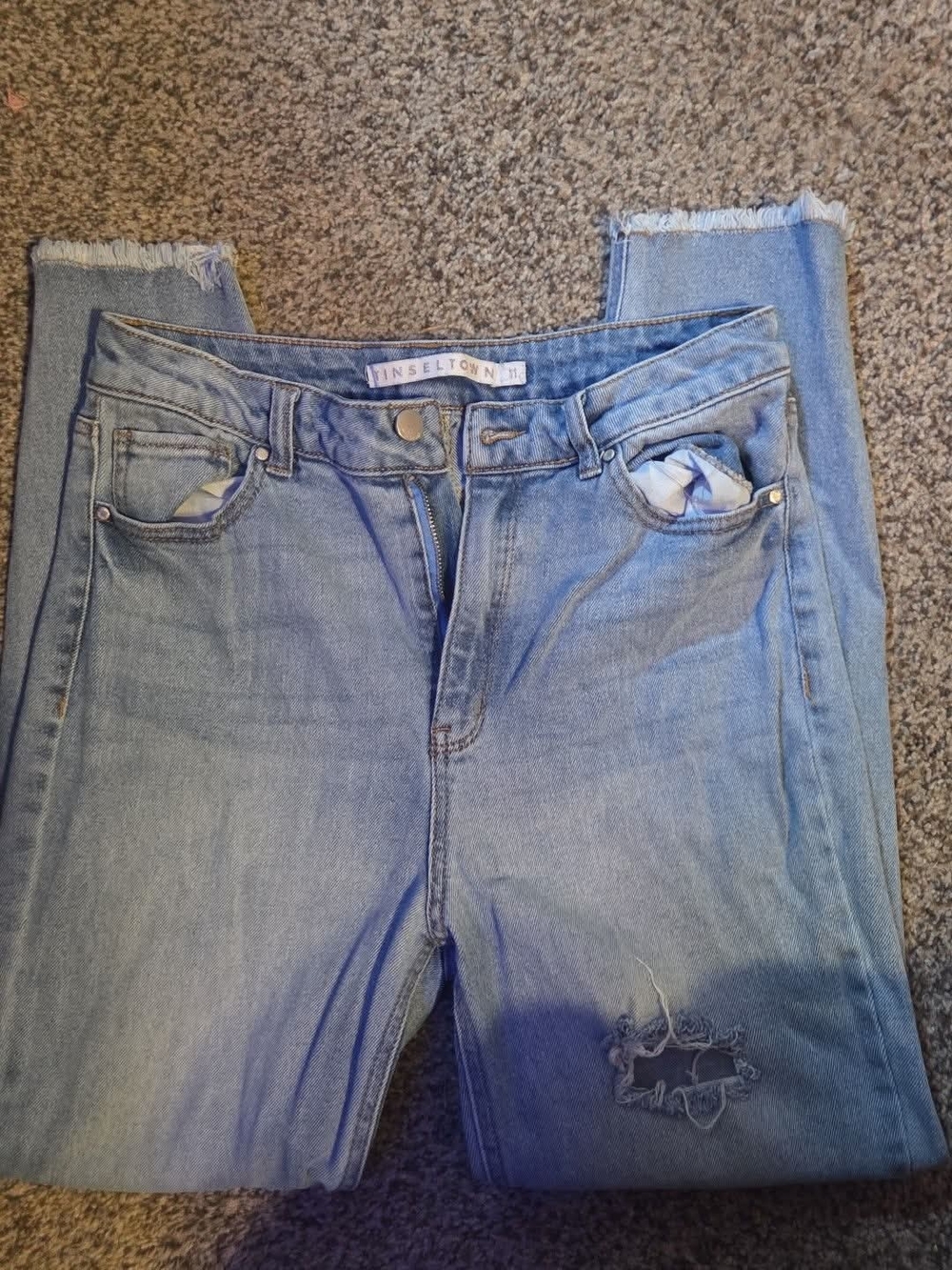 Tinseltown Light Wash High-Rise Jeans with Frayed Ankles